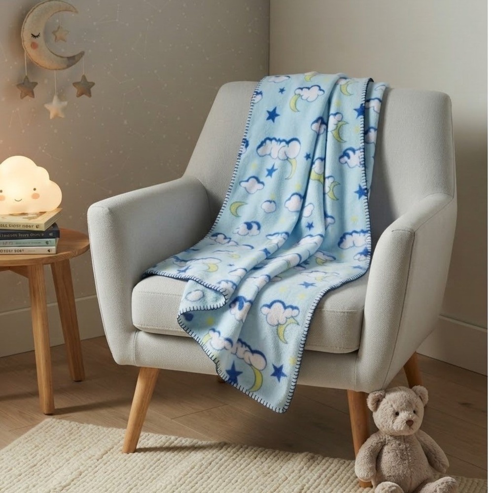 Celestial Moon Stars Clouds Blue Fleece Throw Blanket Whipstitch Edge 48x65